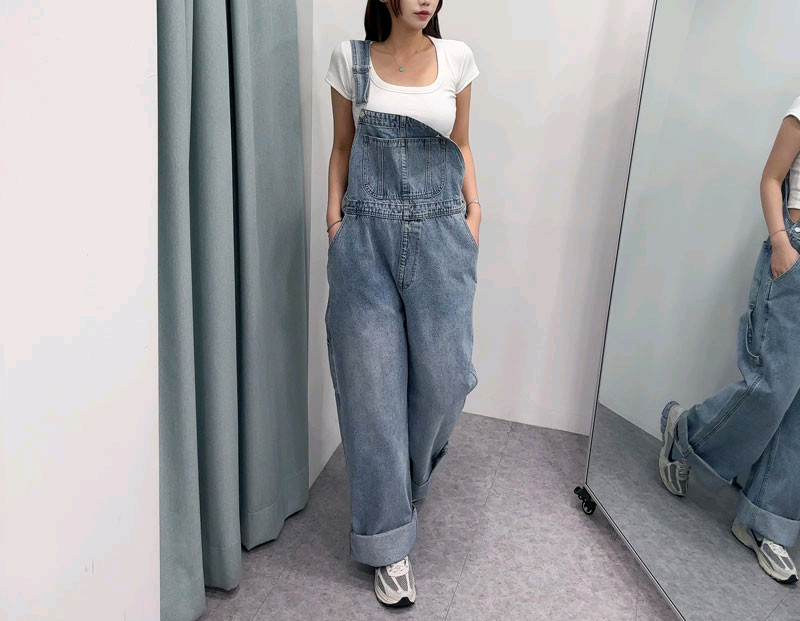 새상품)고퀄 데님 멜빵바지 청멜빵 와이드 청바지 점프수트 수입의류--3