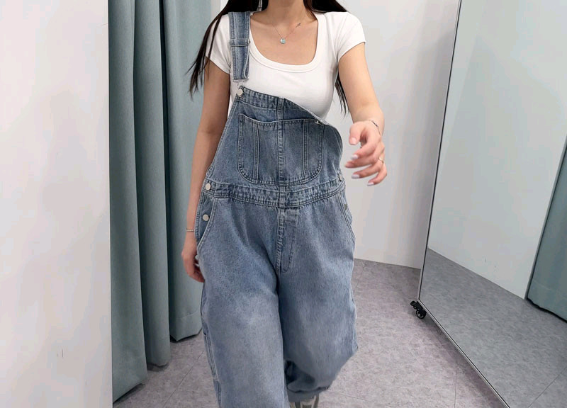 새상품)고퀄 데님 멜빵바지 청멜빵 와이드 청바지 점프수트 수입의류--4