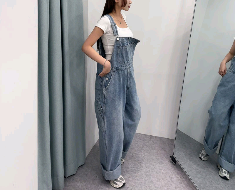 새상품)고퀄 데님 멜빵바지 청멜빵 와이드 청바지 점프수트 수입의류--5
