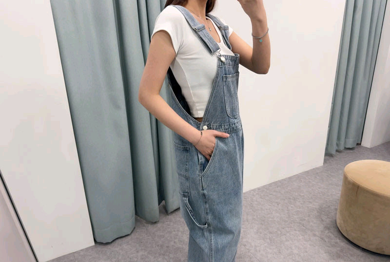 새상품)고퀄 데님 멜빵바지 청멜빵 와이드 청바지 점프수트 수입의류--6