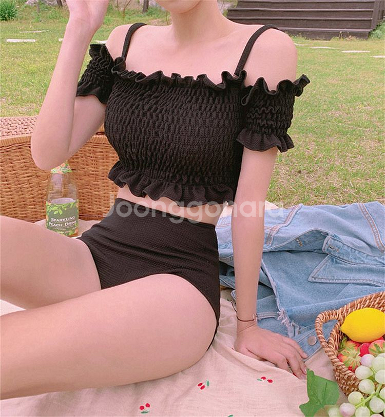 프릴 블랙 비키니 수영복--3