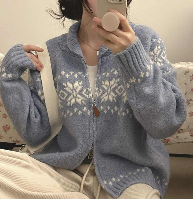[새제품] 노르딕 눈꽃 집업 니트 여성의류 이미지