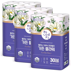 한예지 천연펄프 화장지 30미터 30롤 3팩 무료배송29900원