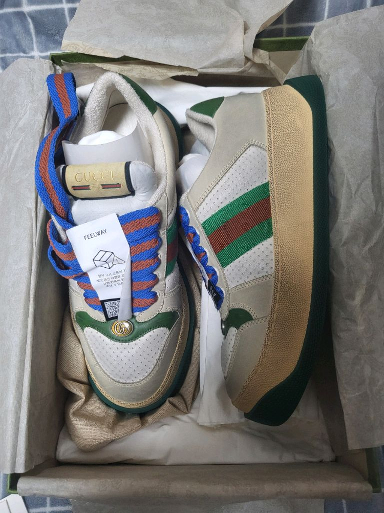 구찌 스크리너 베이지 그린 레드 웹 스니커즈 신발 이미지