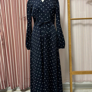 브이넥 도트 롱 원피스