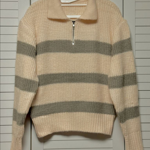 #새상품 : 카라넥 단가라 반집업 니트 아이보리 카키그레이 배색