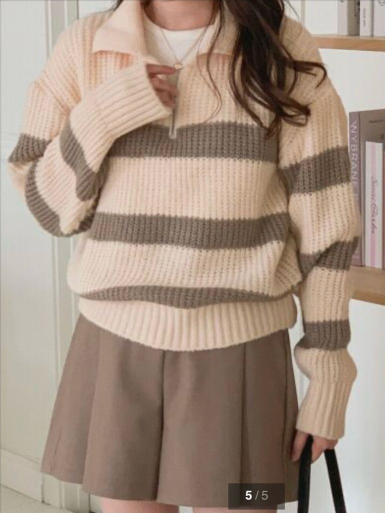 #새상품 : 카라넥 단가라 반집업 니트 아이보리 카키그레이 배색--1