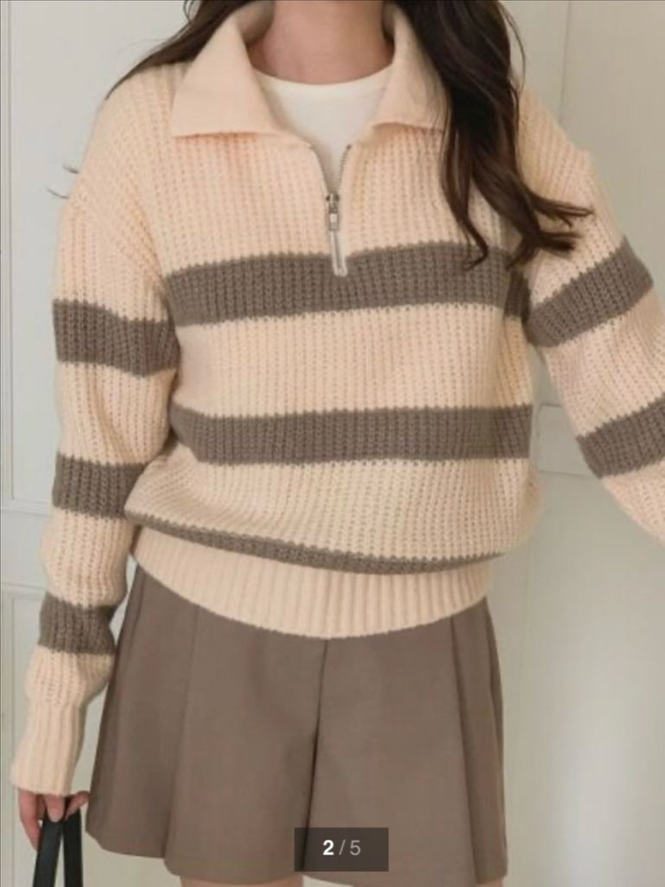 #새상품 : 카라넥 단가라 반집업 니트 아이보리 카키그레이 배색--2