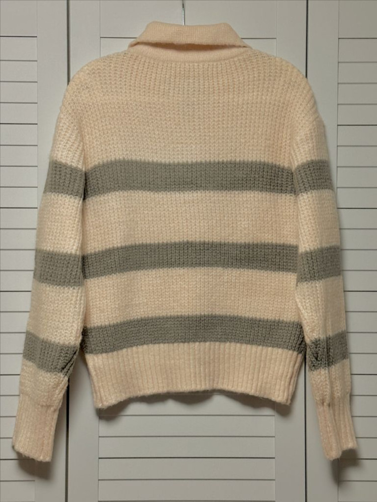 #새상품 : 카라넥 단가라 반집업 니트 아이보리 카키그레이 배색--4