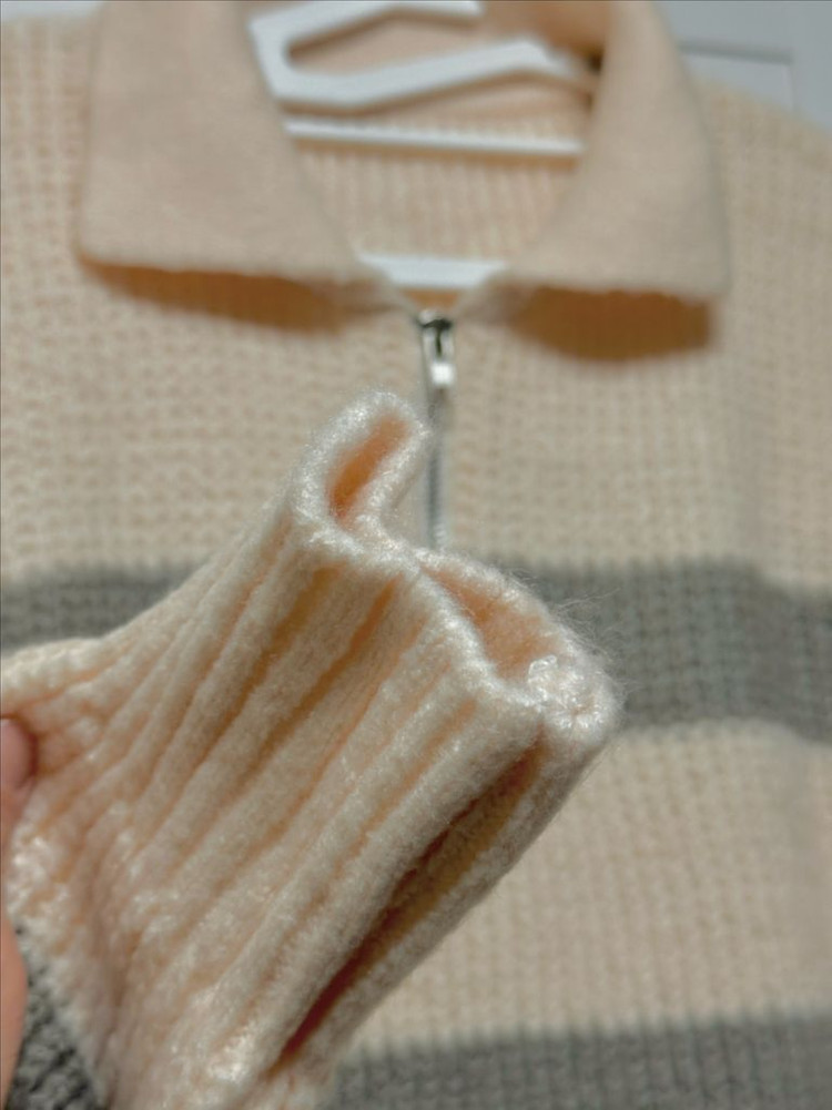 #새상품 : 카라넥 단가라 반집업 니트 아이보리 카키그레이 배색--7