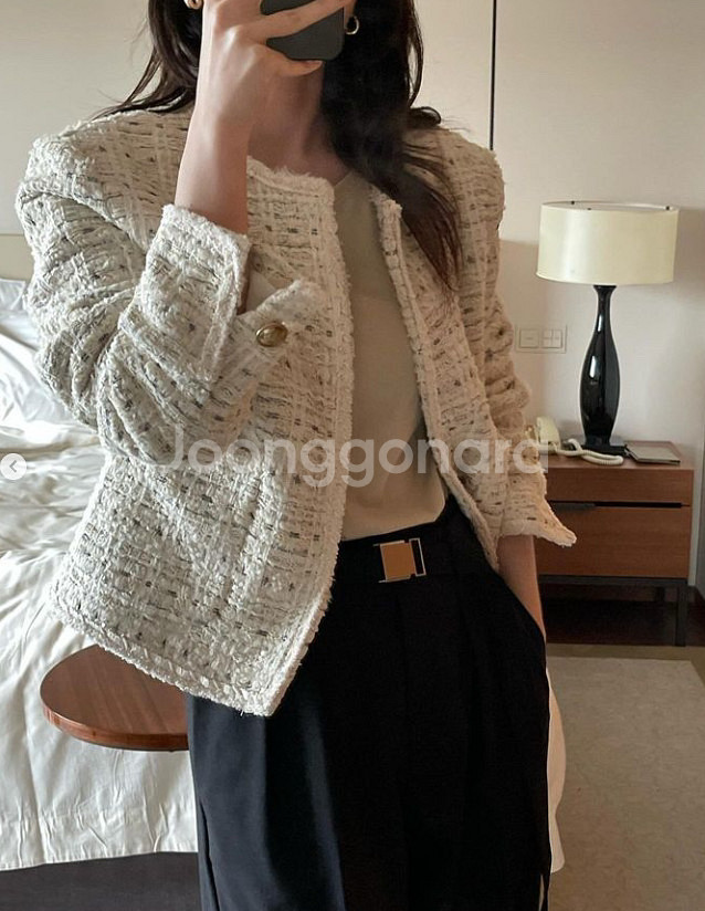 브론즈 울 트위드 노카라 자켓 라운드 출근룩 올드머니룩 BRONZE--1