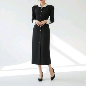 고급 하객룩 모임룩 카라 버튼 맥시 롱원피스ㅡ무배