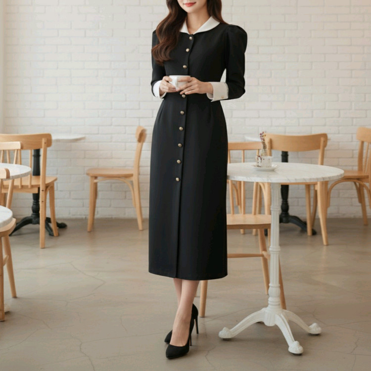 고급 하객룩 모임룩 카라 버튼 맥시 롱원피스ㅡ무배--3