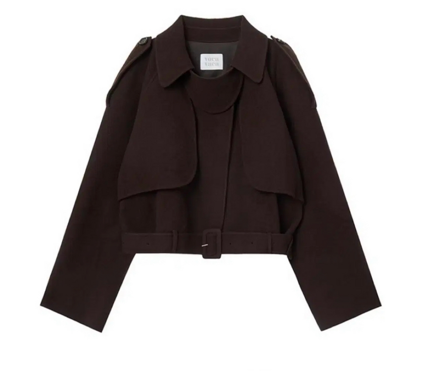 보카바카 숏 트렌치코트 다크브라운 벨티드 크롭 하프코트 이미지