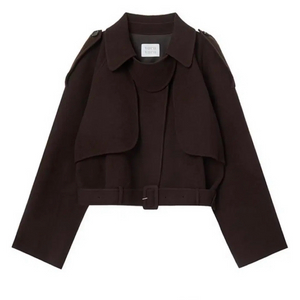 보카바카 숏 트렌치코트 다크브라운 벨티드 크롭 하프코트 이미지