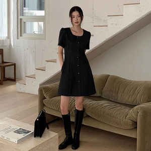 에드모어 트위드 반팔 미니원피스 블랙S 결혼식 하객룩 키작녀 롱부츠코디