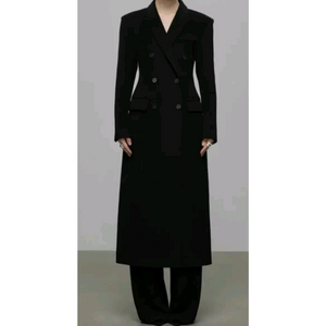 핸드메이드 아워글라스 더블 롱 울 코트 - 블랙,프리