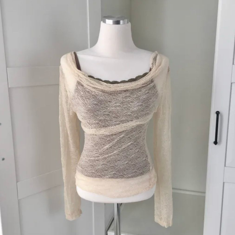 시스루 오프숄더 나시 세트 레이스 긴팔 모리걸 보헤미안 빈티지 에이블리--3