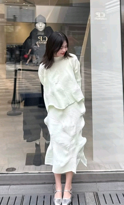 마츠야 한정)이세이미야케 코네코네 탑 &해칭 스커트,플리츠플리즈--1