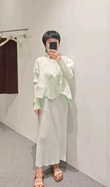 마츠야 한정)이세이미야케 코네코네 탑 &해칭 스커트,플리츠플리즈--2