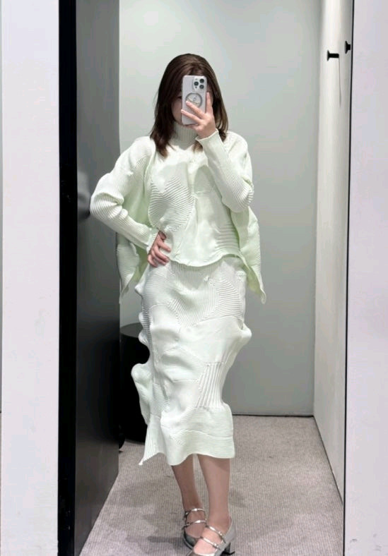 마츠야 한정)이세이미야케 코네코네 탑 &해칭 스커트,플리츠플리즈--3