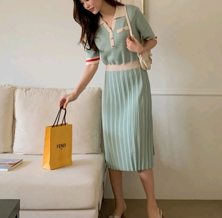 새상품) 카라배색 비스코스 플리츠 니트원피스/ 비스코스 니트 반팔 롱원피스 55~77--0