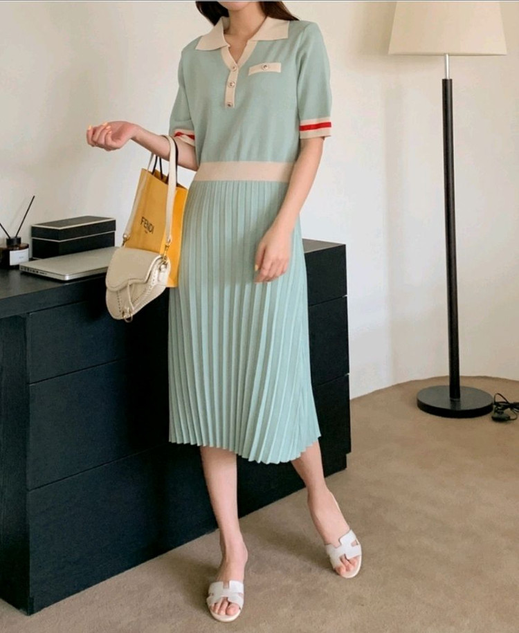 새상품) 카라배색 비스코스 플리츠 니트원피스/ 비스코스 니트 반팔 롱원피스 55~77--1