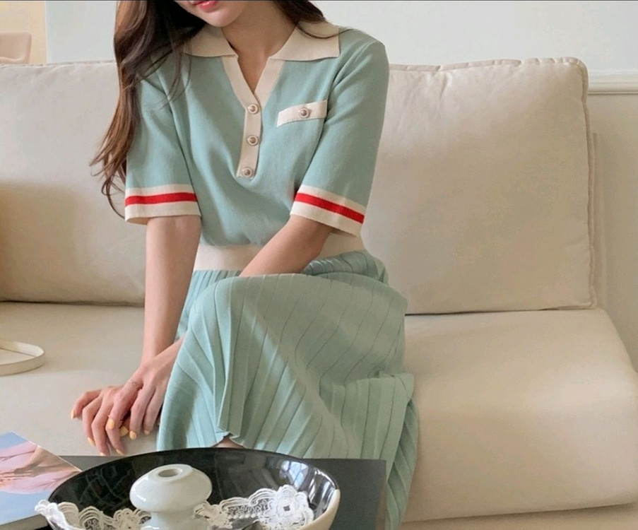 새상품) 카라배색 비스코스 플리츠 니트원피스/ 비스코스 니트 반팔 롱원피스 55~77--2