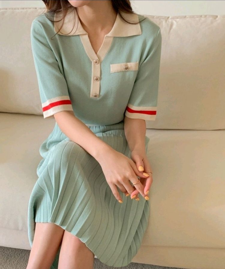 새상품) 카라배색 비스코스 플리츠 니트원피스/ 비스코스 니트 반팔 롱원피스 55~77--3