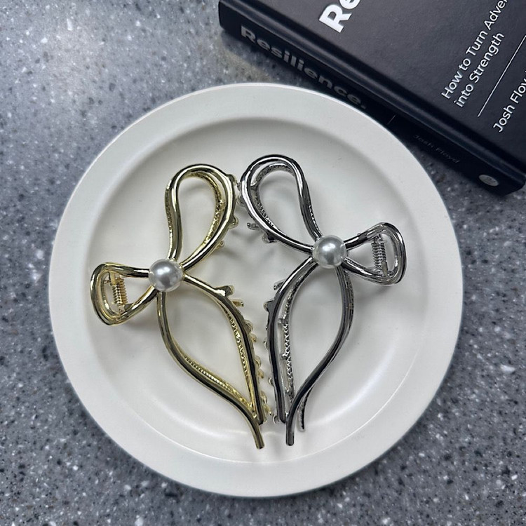 진주 메탈 리본 머리 집게핀 리본핀 헤어핀 머리핀--1