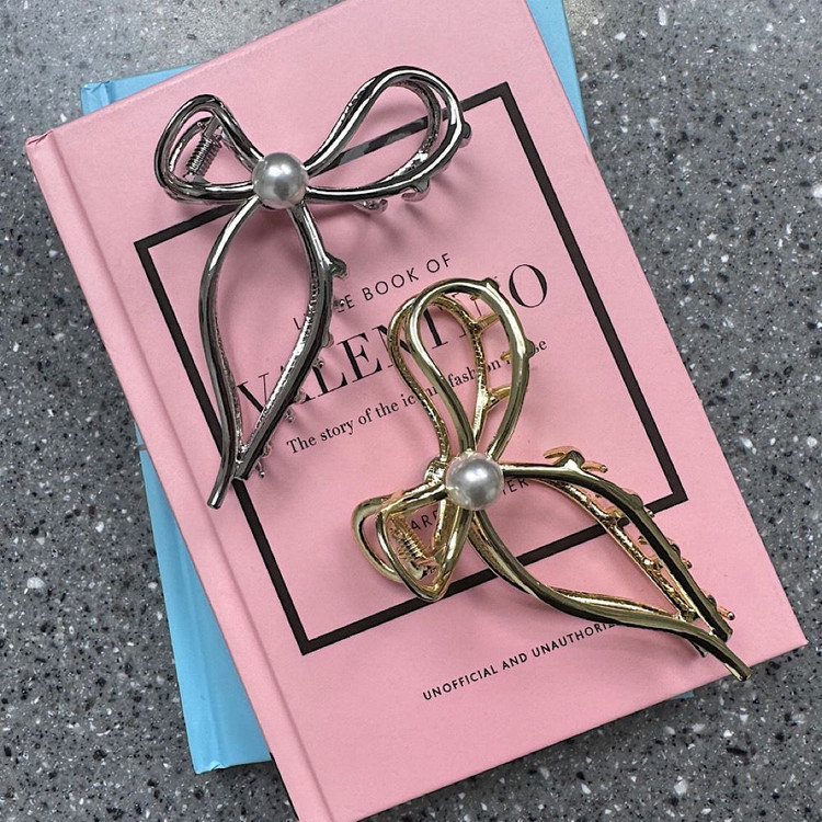 진주 메탈 리본 머리 집게핀 리본핀 헤어핀 머리핀--2