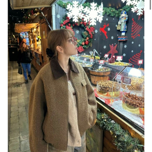 르세라핌 사쿠라 착용 앤유 벨비컴 블루종 카라 자켓 브라운 2사이즈