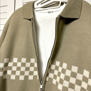 #새상품 : 체크보더 패턴 카라 니트 집업 가디건 카키베이지