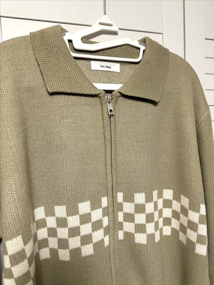#새상품 : 체크보더 패턴 카라 니트 집업 가디건 카키베이지--5
