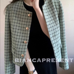 그리드 부클 테리 트위드 자켓 - 그린/올리브