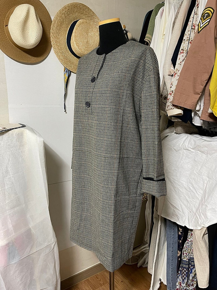 새상품 S 55 ~ 66 루즈핏 잔체크 모직 원피스 스테파넬 이미지