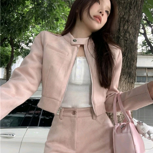 핑크 스웨이드 세미 크롭 자켓(~66사이즈)