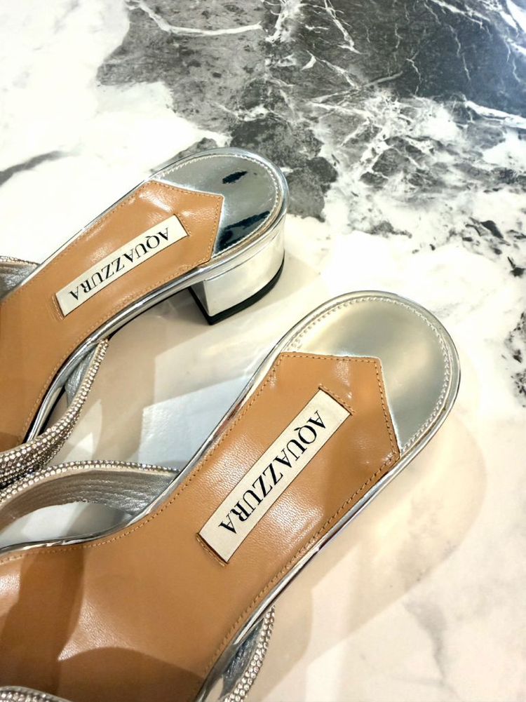 크리스탈 실버 가죽 뮬 3.5cm굽 37사이즈--1