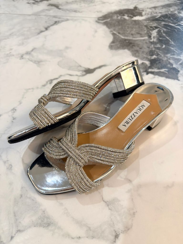 크리스탈 실버 가죽 뮬 3.5cm굽 37사이즈--2