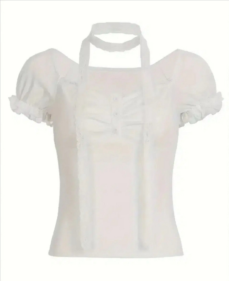 화이트 슬림핏 레이스 퍼프 블라우스--0