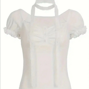 화이트 슬림핏 레이스 퍼프 블라우스