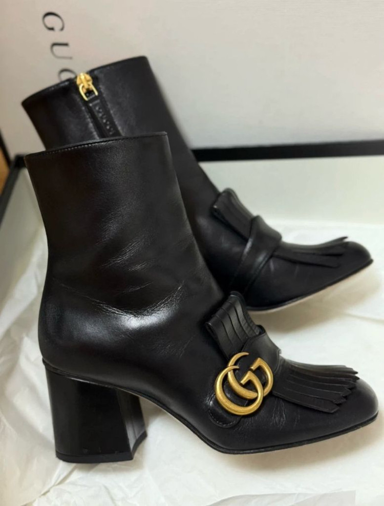 구찌 GG 금장 앵클부츠 35 (굽6.5cm 박스풀)--1
