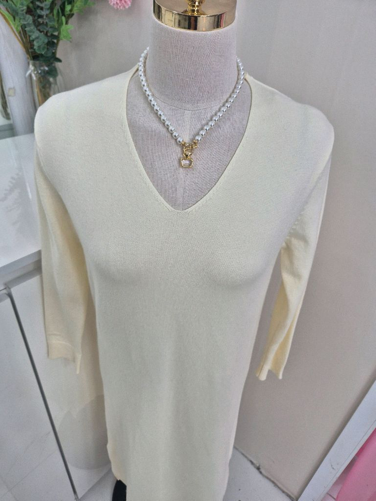 브이넥 크림 아이보리 니트 롱 원피스 (프리사이즈)--6