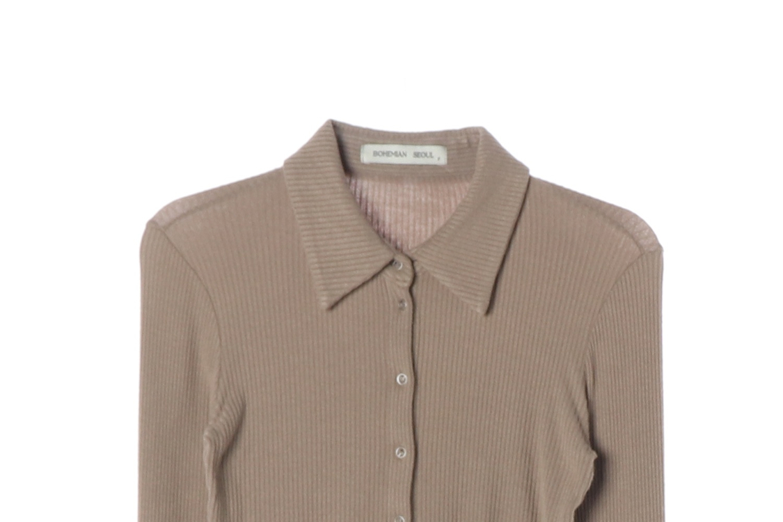 보헤미안서울 브라운 골지 카라 크롭 가디건 티셔츠 이미지