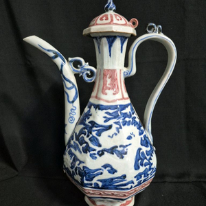 중국도자기 청화 유리홍 진사 팔각 주전자