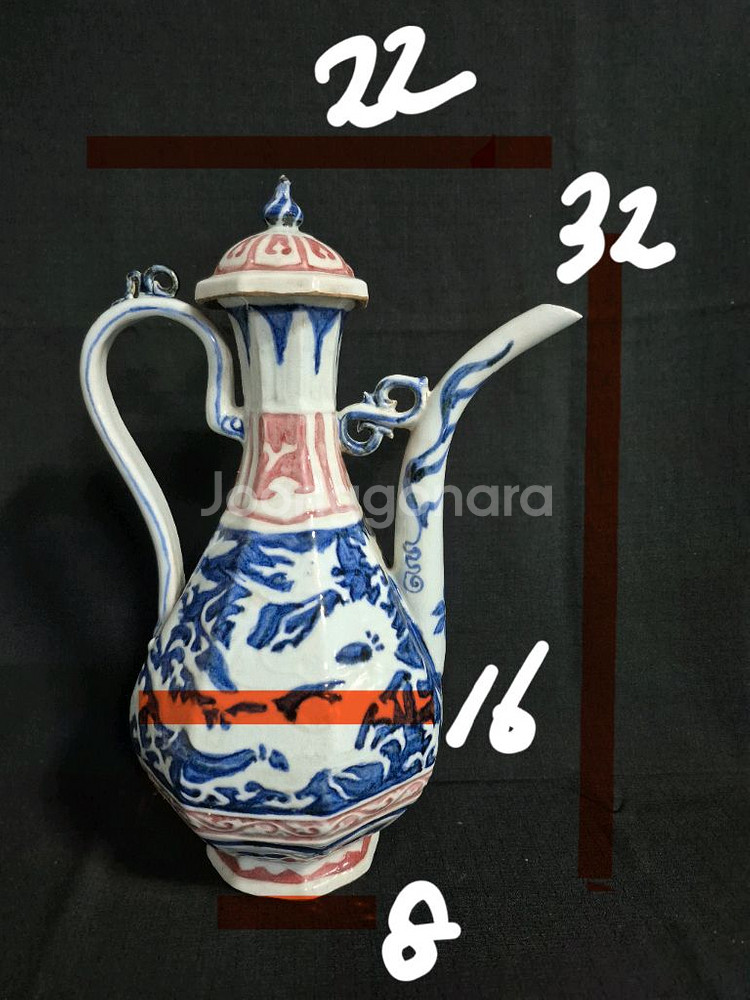 중국도자기 청화 유리홍 진사 팔각 주전자--1