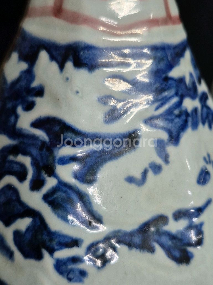 중국도자기 청화 유리홍 진사 팔각 주전자--2