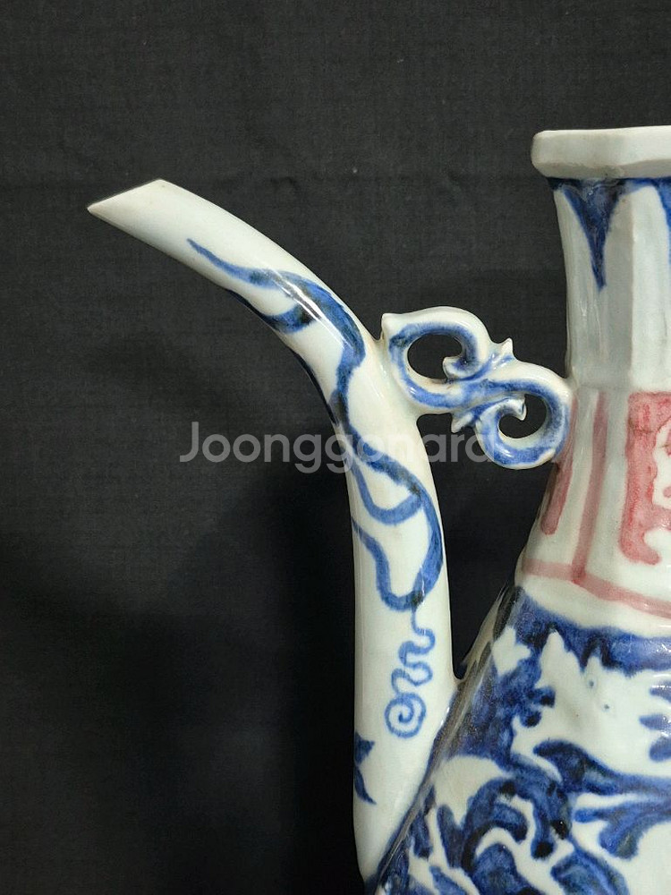 중국도자기 청화 유리홍 진사 팔각 주전자--3