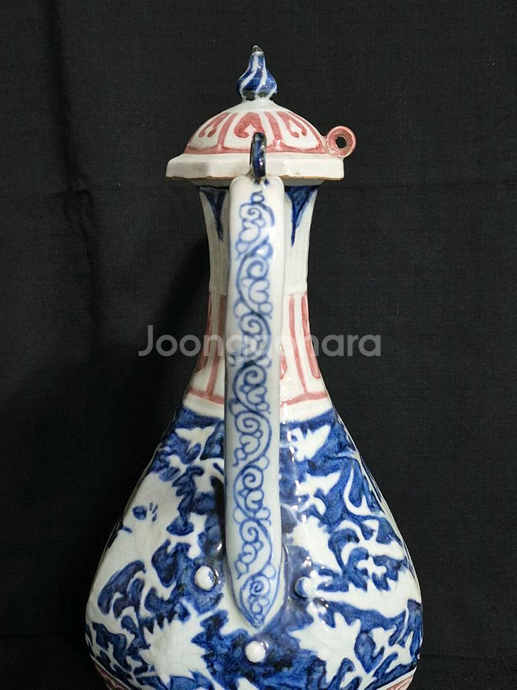 중국도자기 청화 유리홍 진사 팔각 주전자--4