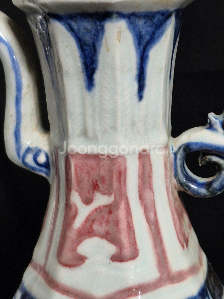 중국도자기 청화 유리홍 진사 팔각 주전자--7